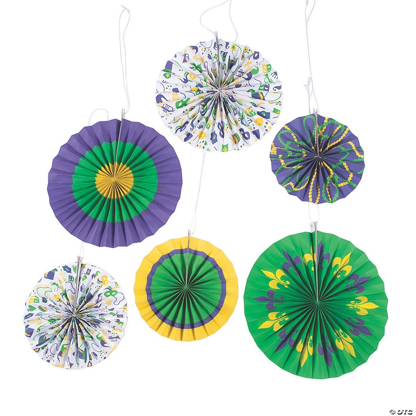 10" - 14" Mardi Gras Hanging Paper Fans - 6 Pc. 3 10" - 14" Mardi Gras Hanging Paper Fans - 6 Pc.
