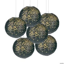 10" Black & Gold Patterned Hanging Paper Lanterns - 6 Pc.