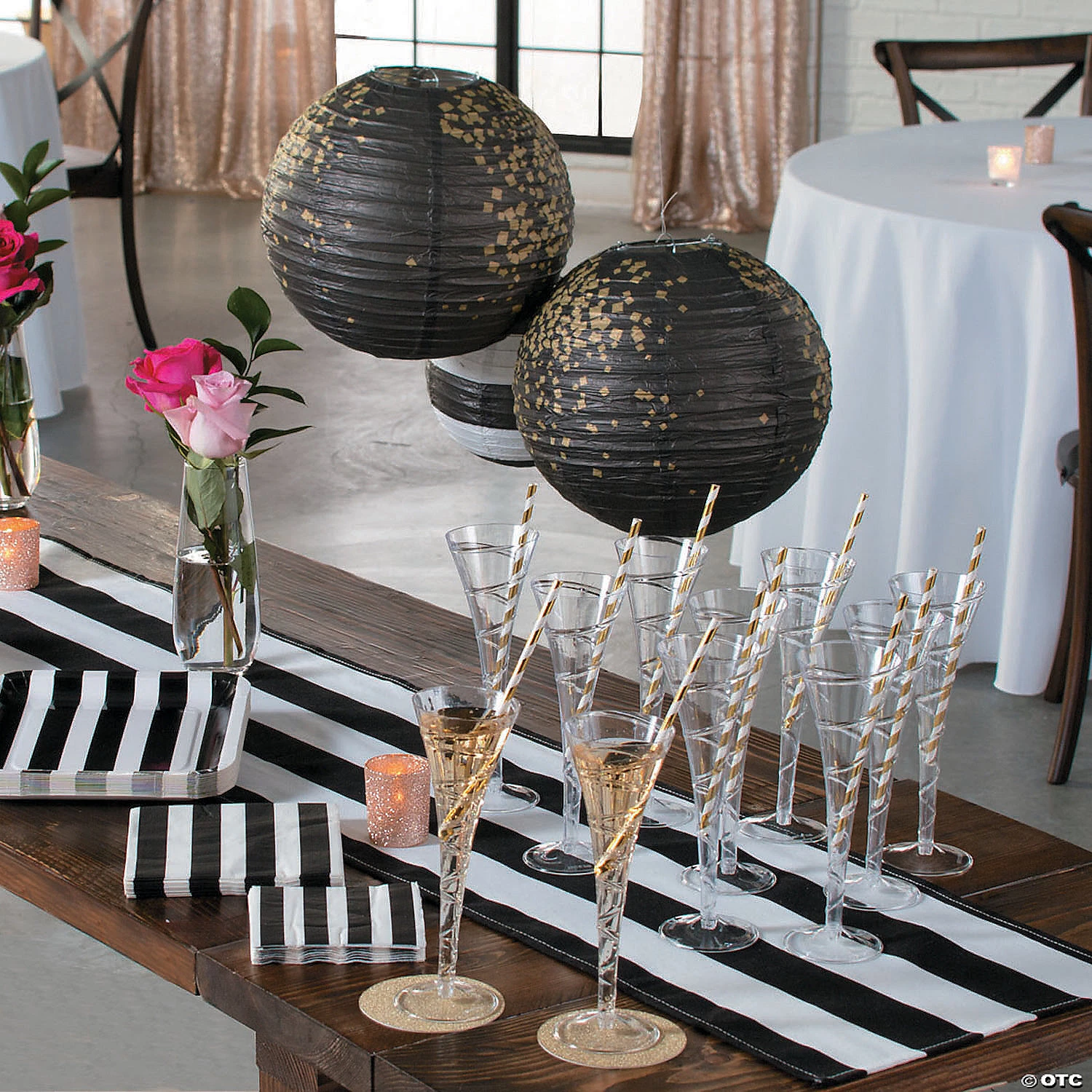 10" Black & Gold Patterned Hanging Paper Lanterns - 6 Pc. 5 10" Black & Gold Patterned Hanging Paper Lanterns - 6 Pc. - Image 3