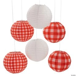 10" Red Gingham Hanging Paper Lanterns - 6 Pc.