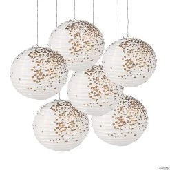 12" White & Gold Patterned Hanging Paper Lanterns - 6 Pc.