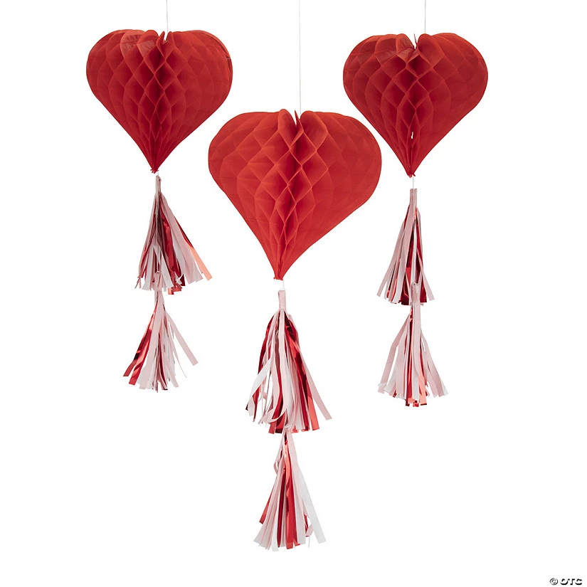 22" Red Heart Honeycomb Ceiling Decorations with Tassels - 3 Pc. 3 22" Red Heart Honeycomb Ceiling Decorations with Tassels - 3 Pc.
