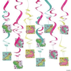 27 1/2" Girl Dinosaur Party Hanging Swirl Decorations - 12 Pc.