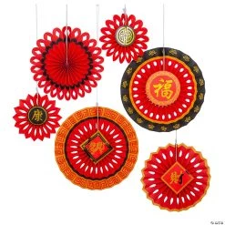 8" - 14" Chinese New Year Tissue Hanging Paper Fans - 6 Pc.