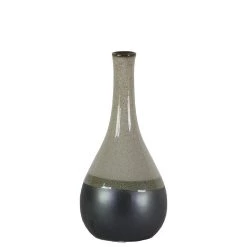 Benzara, 11.25" Glossy Gray Bellied Stoneware Vase With Black Banded Rim