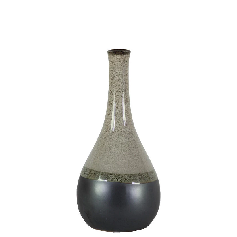 Benzara, 11.25" Glossy Gray Bellied Stoneware Vase With Black Banded Rim 3 Benzara, 11.25" Glossy Gray Bellied Stoneware Vase With Black Banded Rim
