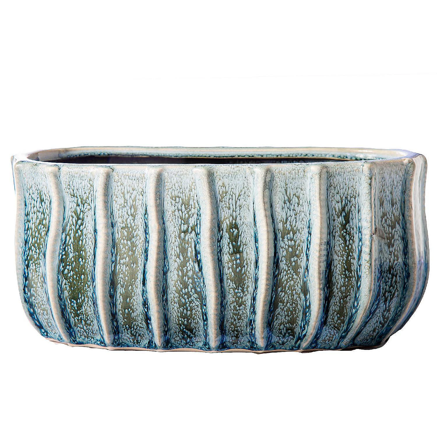 Benzara, 5.25" Blue Vase with Ceramic and Embossed Wavy Vertical Lines 3 Benzara, 5.25" Blue Vase with Ceramic and Embossed Wavy Vertical Lines