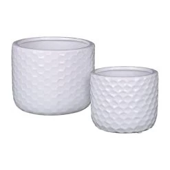 Benzara, 5" White Ceramic Round Vase With Engraved Diamond Pattern 2Pc