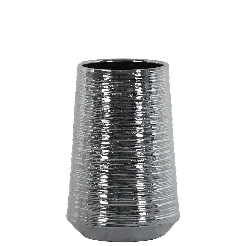 Benzara, 8.5" Silver Round Ceramic Vase With Combed Design 3 Benzara, 8.5" Silver Round Ceramic Vase With Combed Design