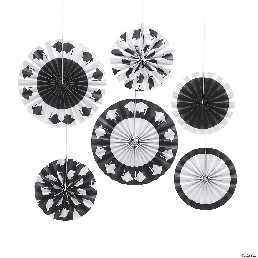 Black & White Graduation Hanging Fans - 6 Pc. 3 Black & White Graduation Hanging Fans - 6 Pc.