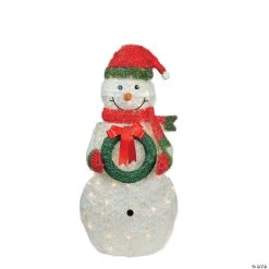Northlight - 38" White and Red Lighted Tinsel Snowman with Wreath Christmas Outdoor Decoration