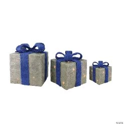 Northlight - Set of 3 Silver and Blue Lighted Gift Boxes Outdoor Christmas Yard Decor