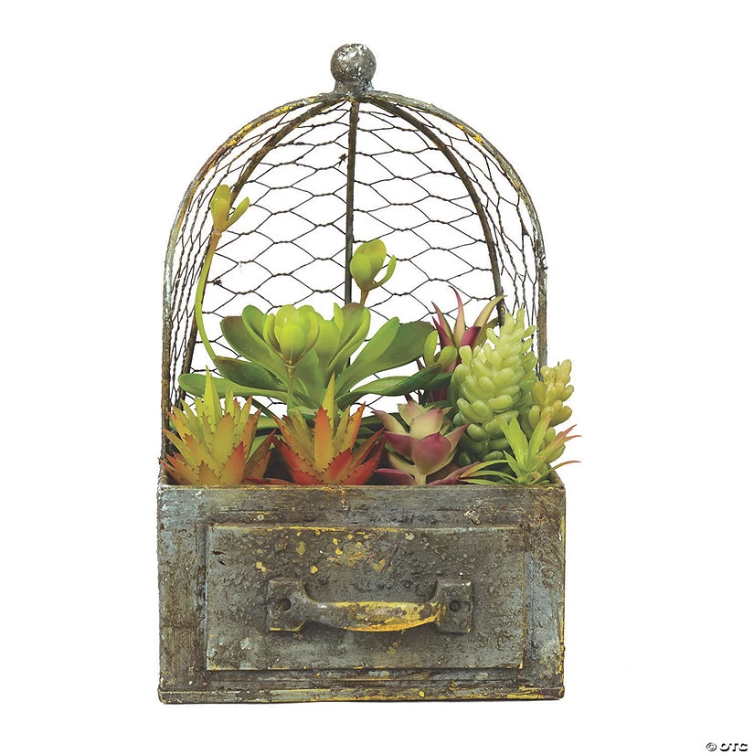 Vickerman 10" Artificial Green Assorted Succulents in Rustic Metal Container and Cage 3 Vickerman 10" Artificial Green Assorted Succulents in Rustic Metal Container and Cage