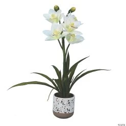 Vickerman 19" Artificial White Cymidium In Pot, Real Touch Petals