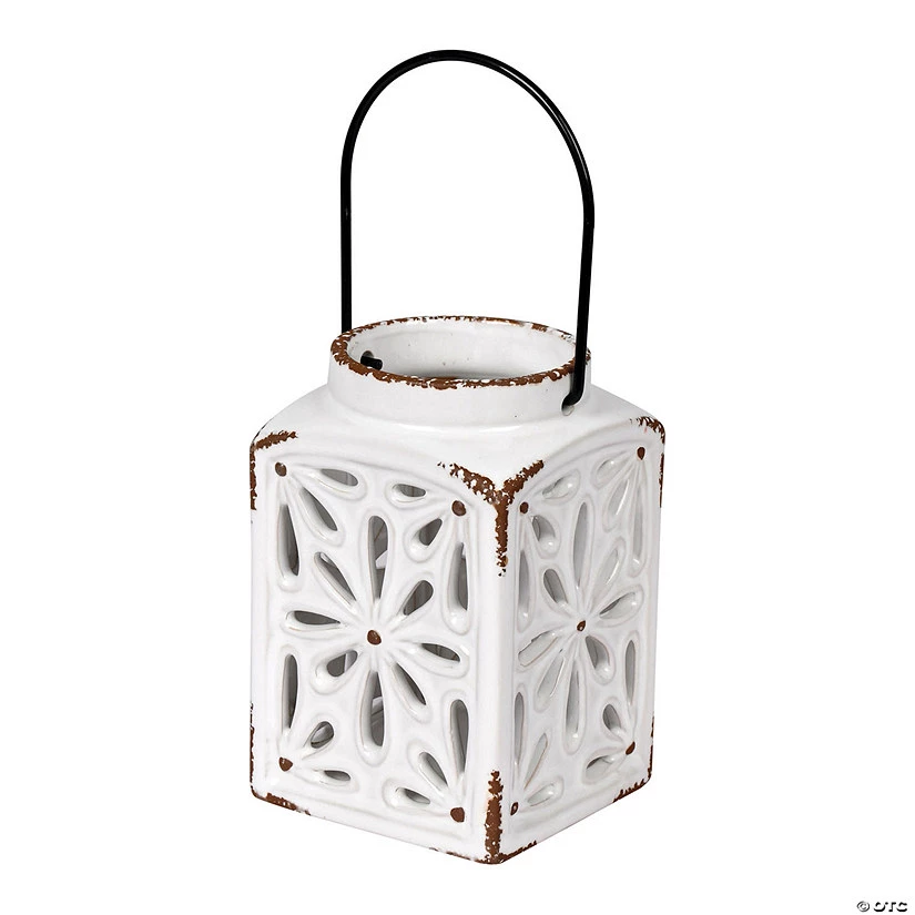 Vickerman 6.25" x 4" White Ceramic Candle Holder Lantern 3 Vickerman 6.25" x 4" White Ceramic Candle Holder Lantern