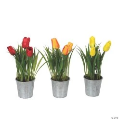 Vickerman 9.5" Artificial Assorted Set of Tulips in Metal Pot